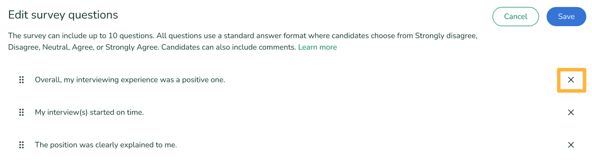 Edit questions page with an orange box around the X, or the Delete question icon .png