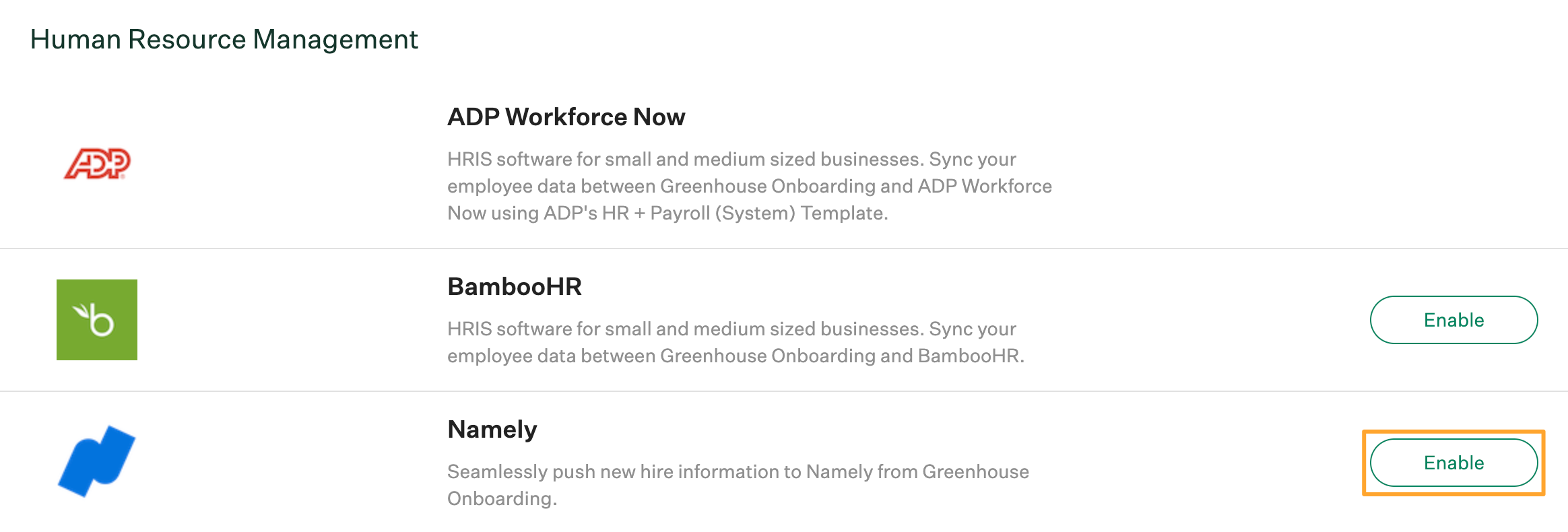 Human Resource Management section of Integrations page with Enable button for Namely integration highlighted 