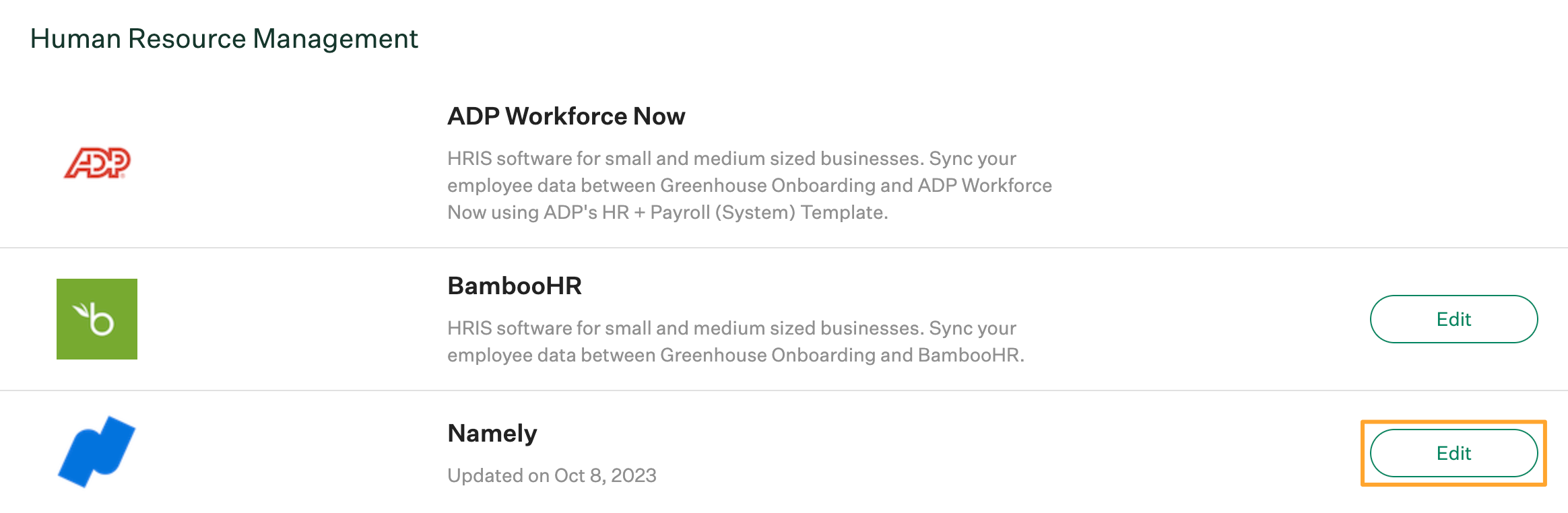 Edit Namely integration button highlighted on Greenhouse Onboarding Integrations settings page 