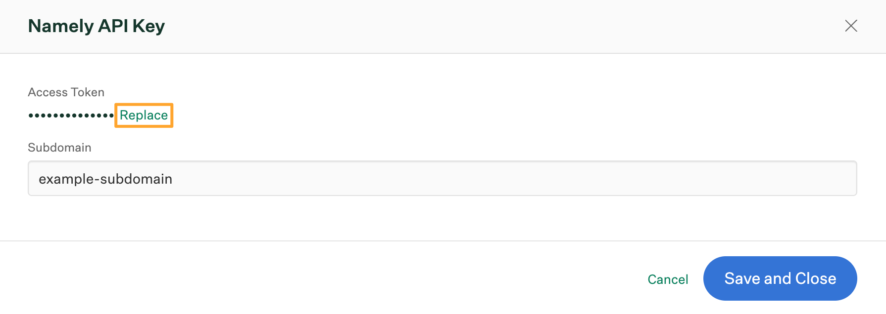 Namely API key dialog box with Replace button highlighted for updating access token 