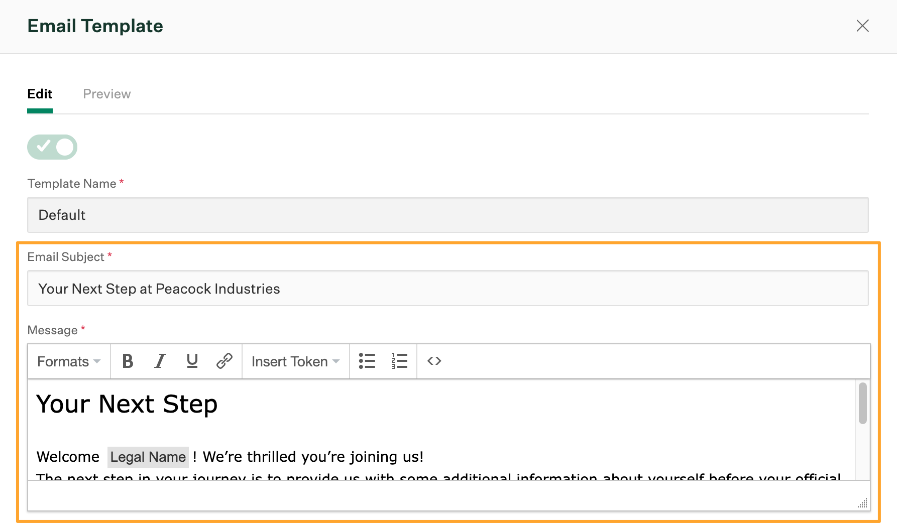 Dialog box for editing the default Your next steps email with Email Subject and Message fields highlighted