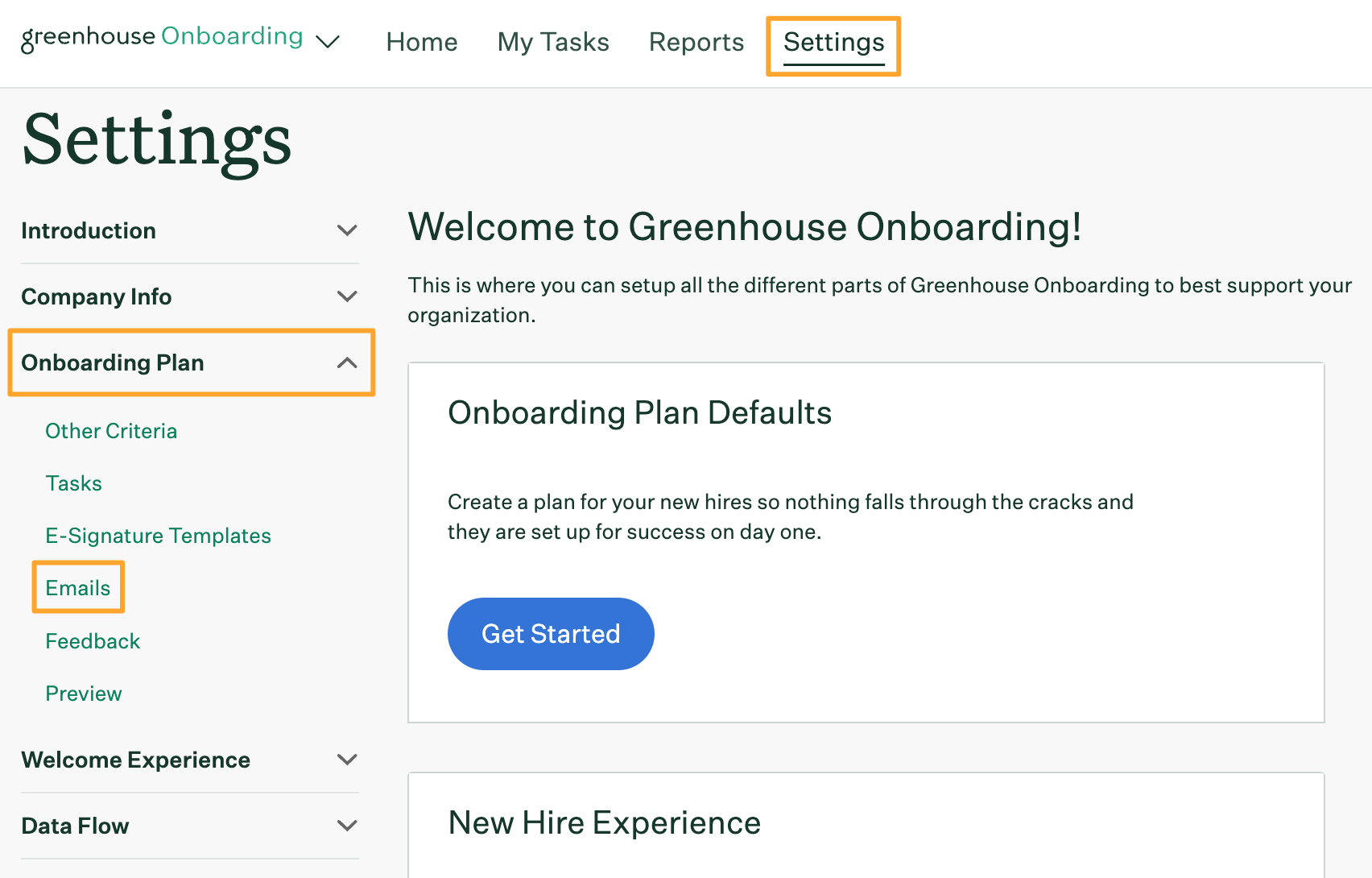 Navigation steps highlighted for Email settings in Greenhouse Onboarding