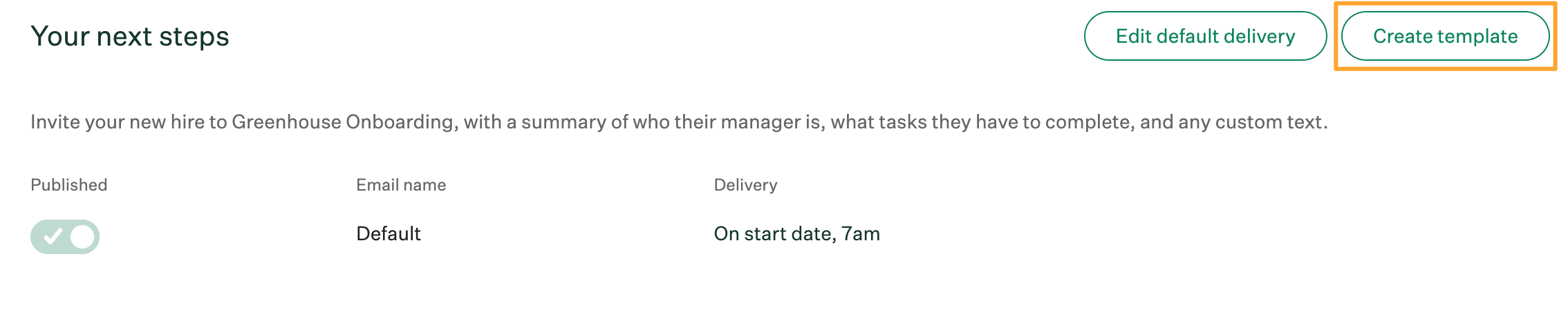 Your next steps section on Greenhouse Onboarding emails settings page with Create template button highlighted