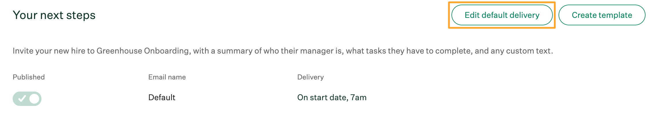 Your next steps section in Greenhouse Onboarding email settings with Edit default delivery button highlighted