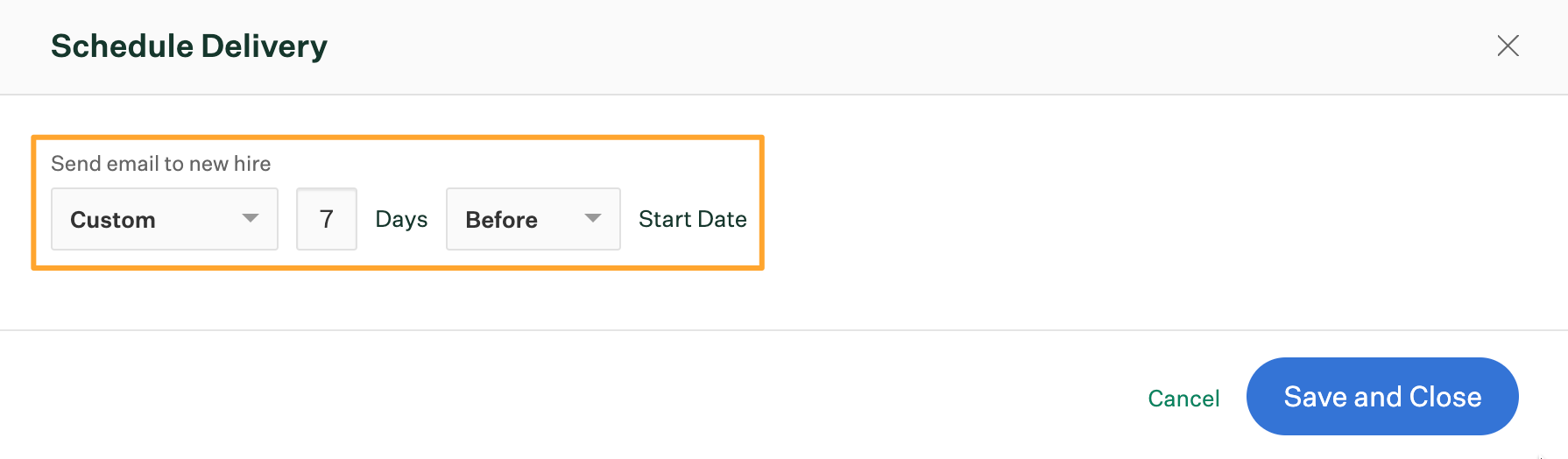 Your next steps delivery schedule with custom option selected for 7 days prior