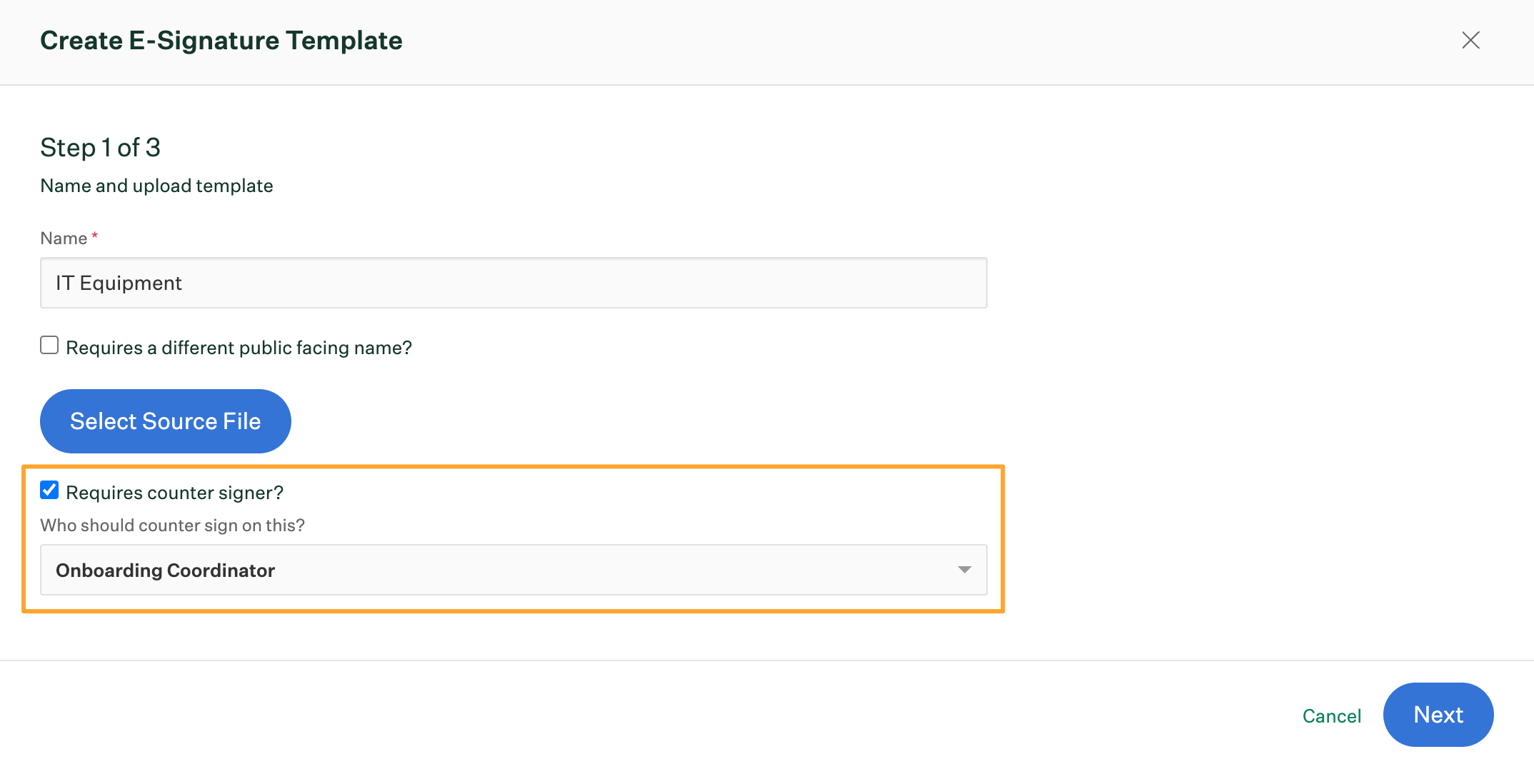 Create E-Signature template dialog box with counter signer checkbox marked and Onboarding Coordinator selected as counter signer