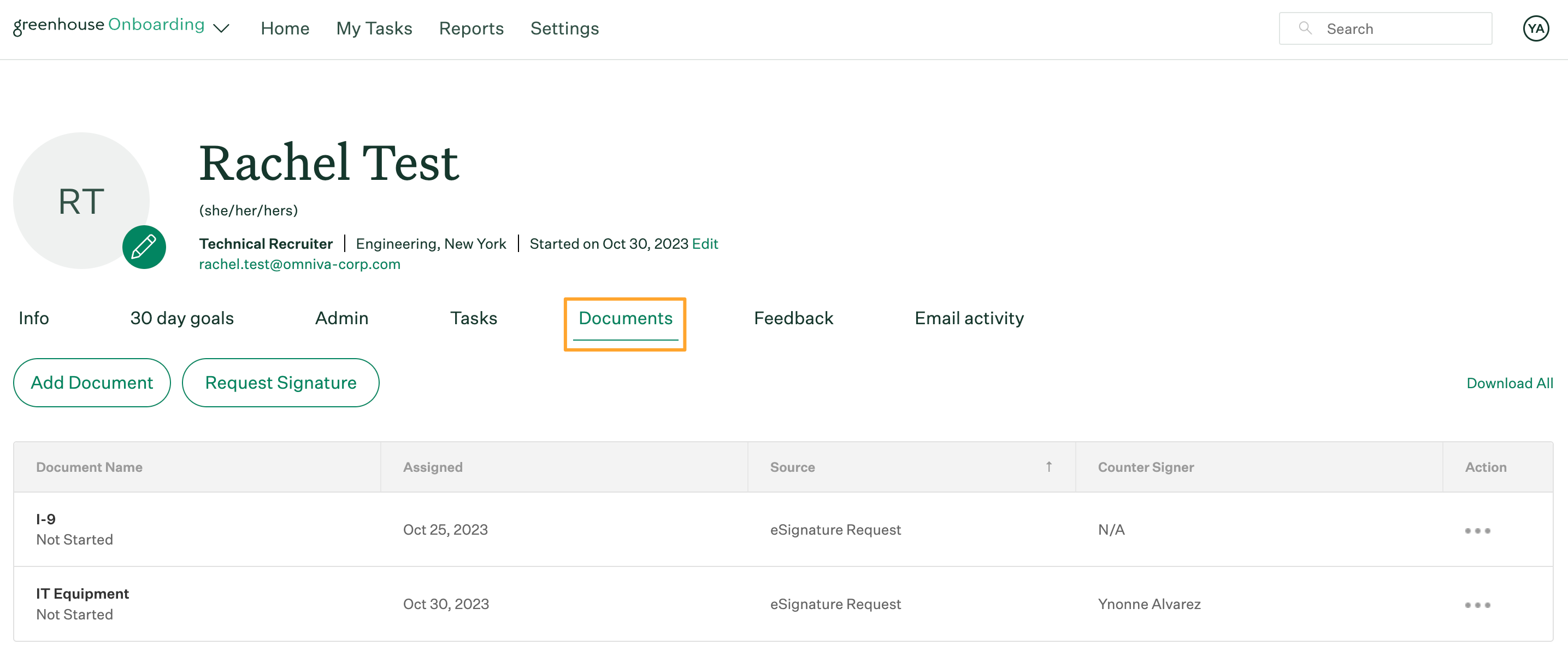 Employee profile in Greenhouse Onboarding with Documents tab opened and highlighted