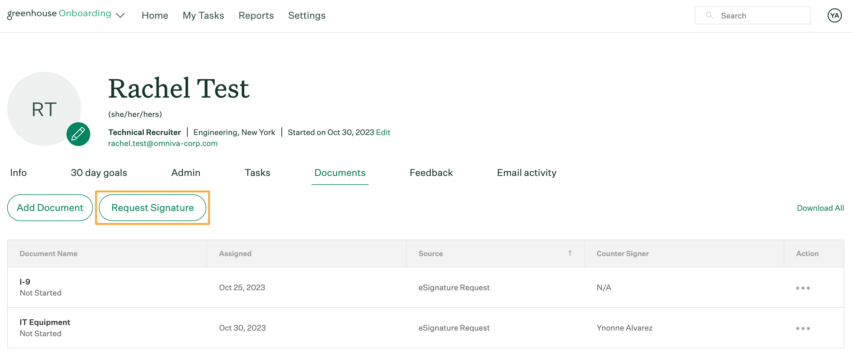 Employee profile documents tab with Request Signature button highlighted