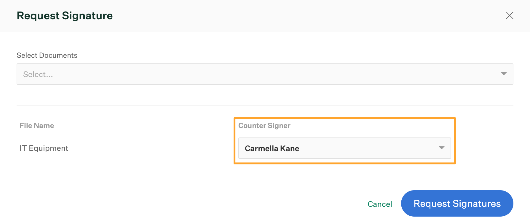 Counter signer field highlighted in Request Signature dialog box in employee profile