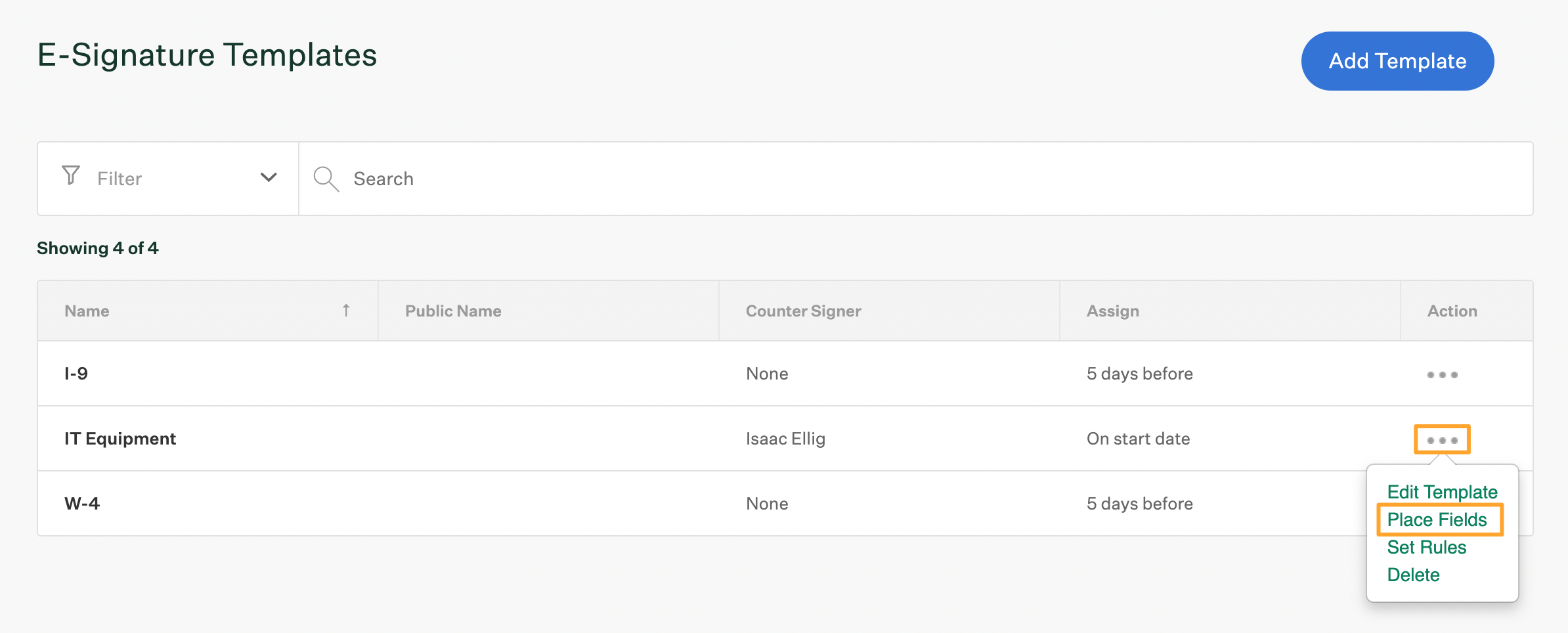 E-Signature Templates page with Place Fields option selected for existing template