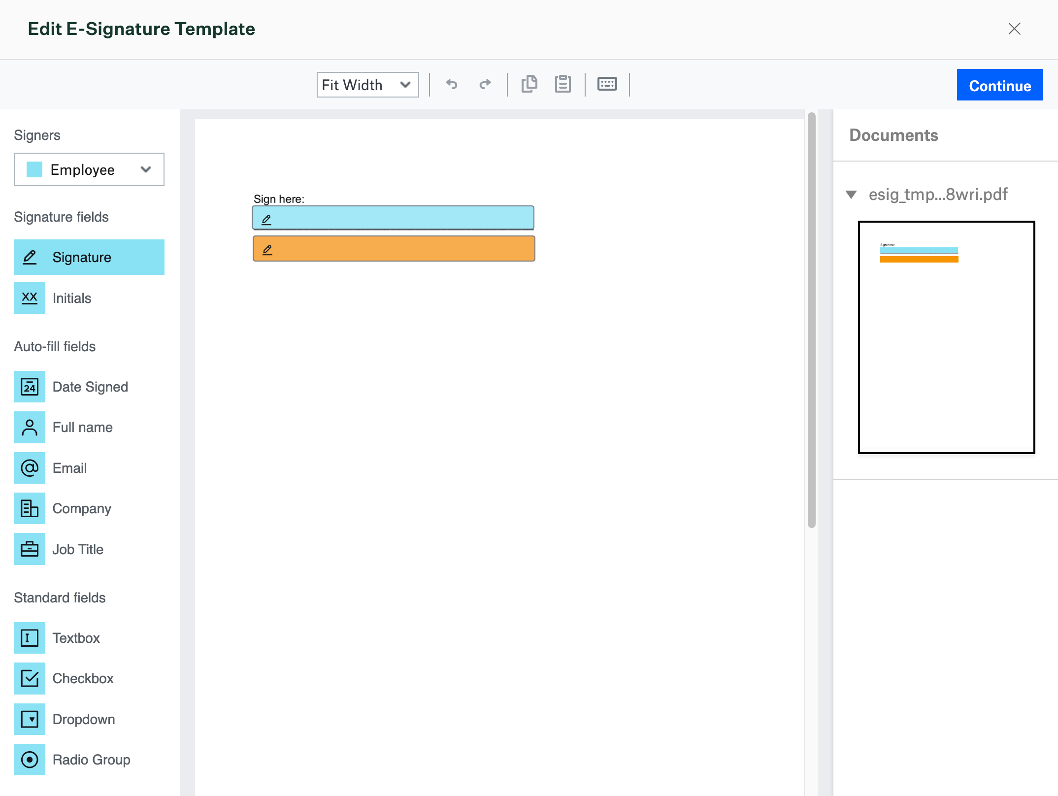 E-Signature editor second step for adding more document fields