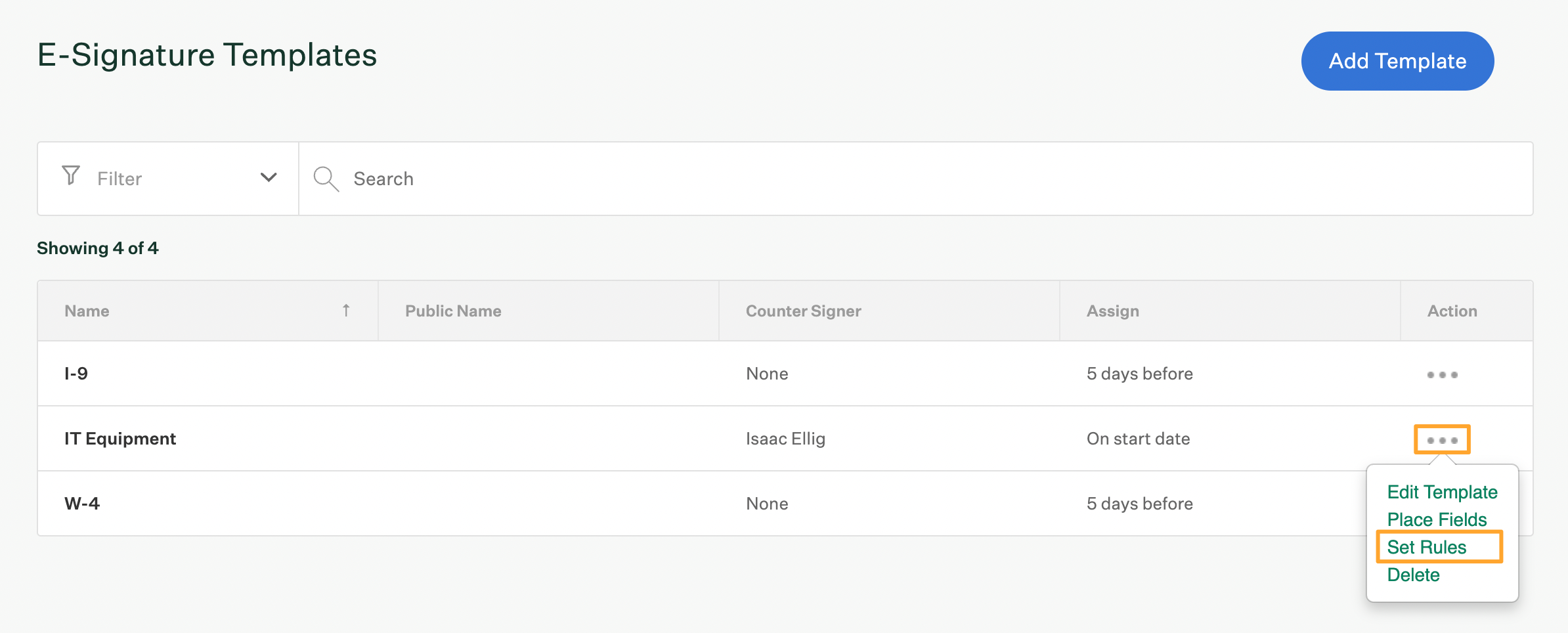 E-Signature Templates page with Set Rules option selected for existing template