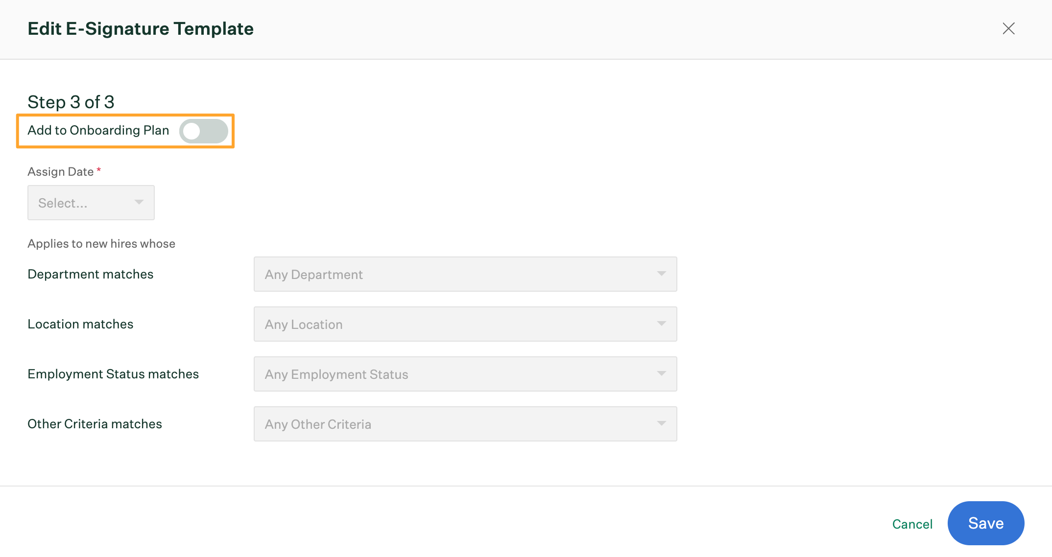 E-Signature editor third step with Add to Onboarding Plan toggle switched off