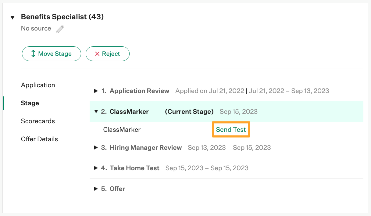 The ClassMarker integration shows Send Test button highlighted on the ClassMarker stage