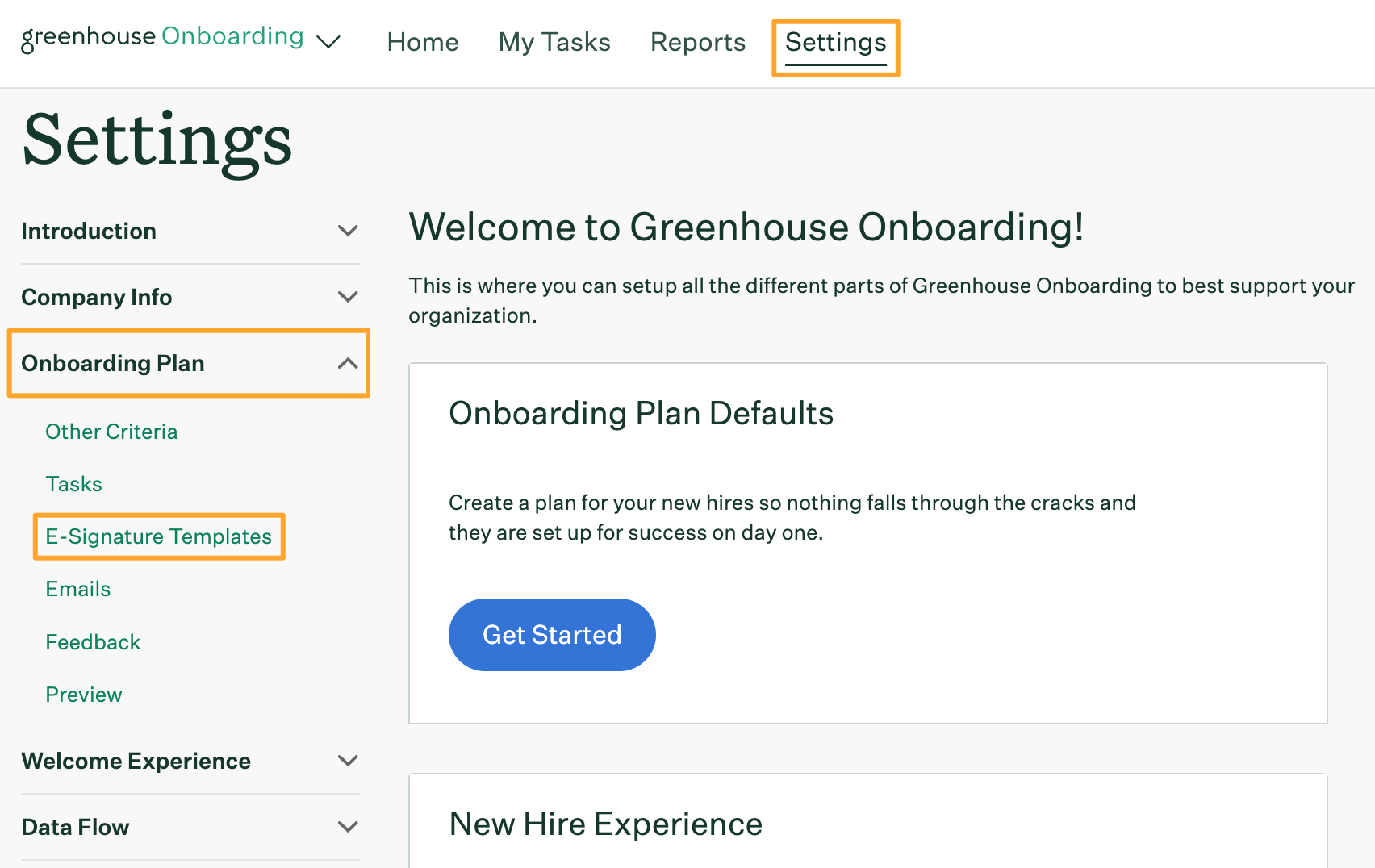 Greenhouse Onboarding Settings page with navigation steps highlighted