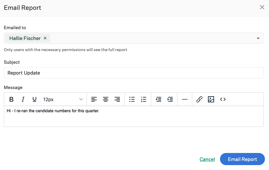 Screenshot of email report filters