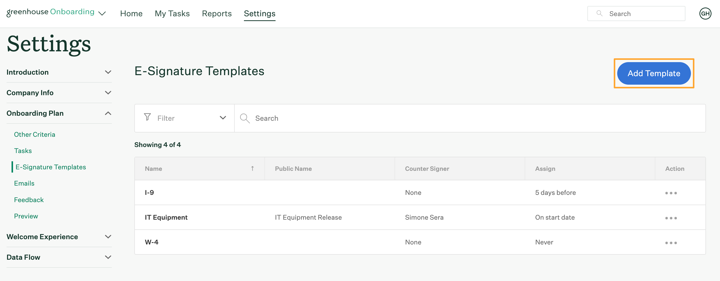 E-Signature templates page with Add Template button highlighted