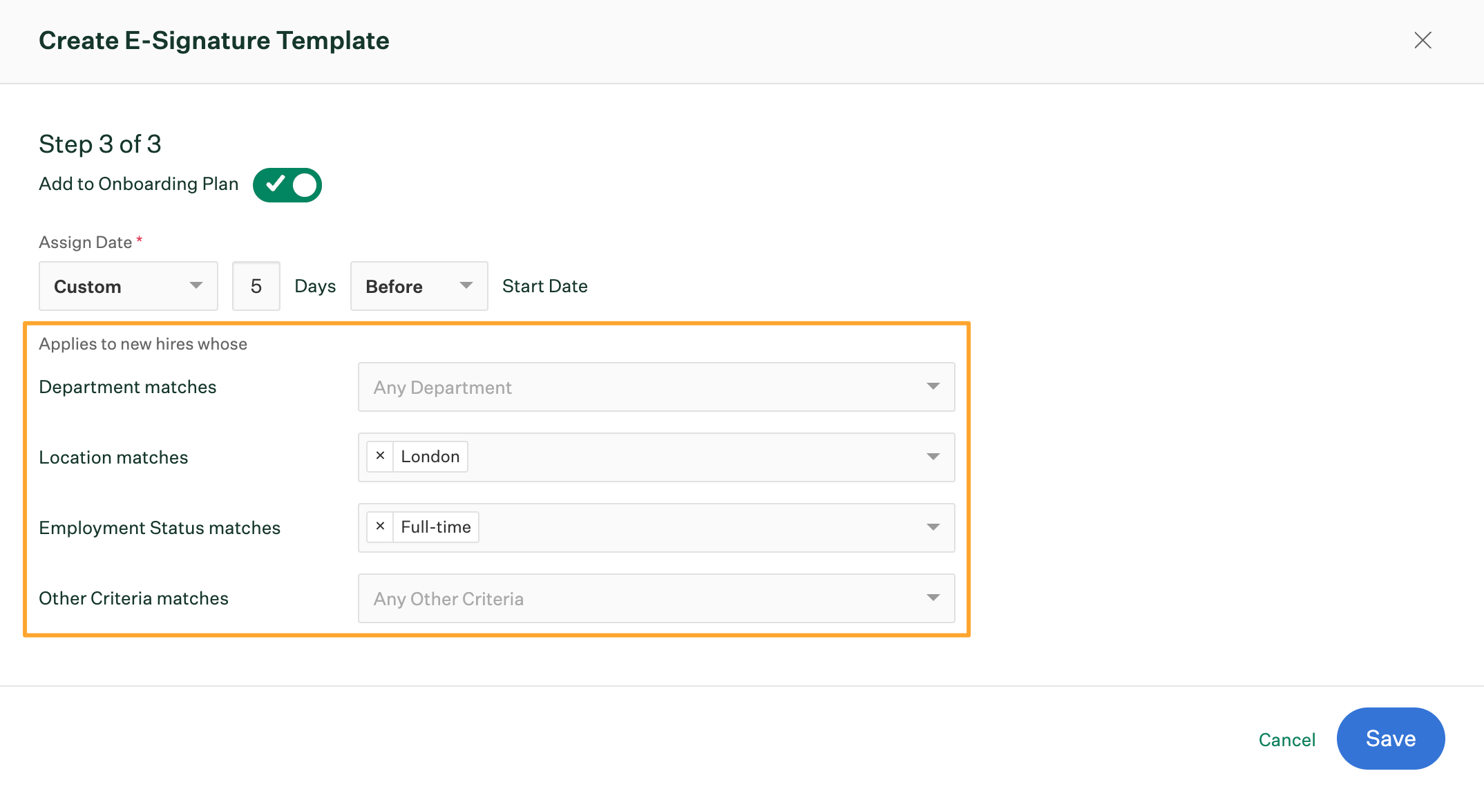 Create E-Signature template dialog box step three with new hire match rules configured and highlighted