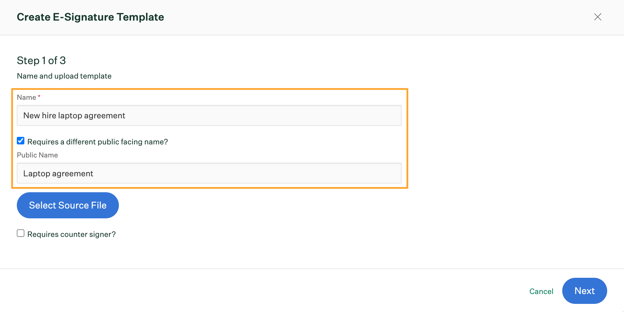 Create E-Signature template dialog box step one with Name and Public Name filled out