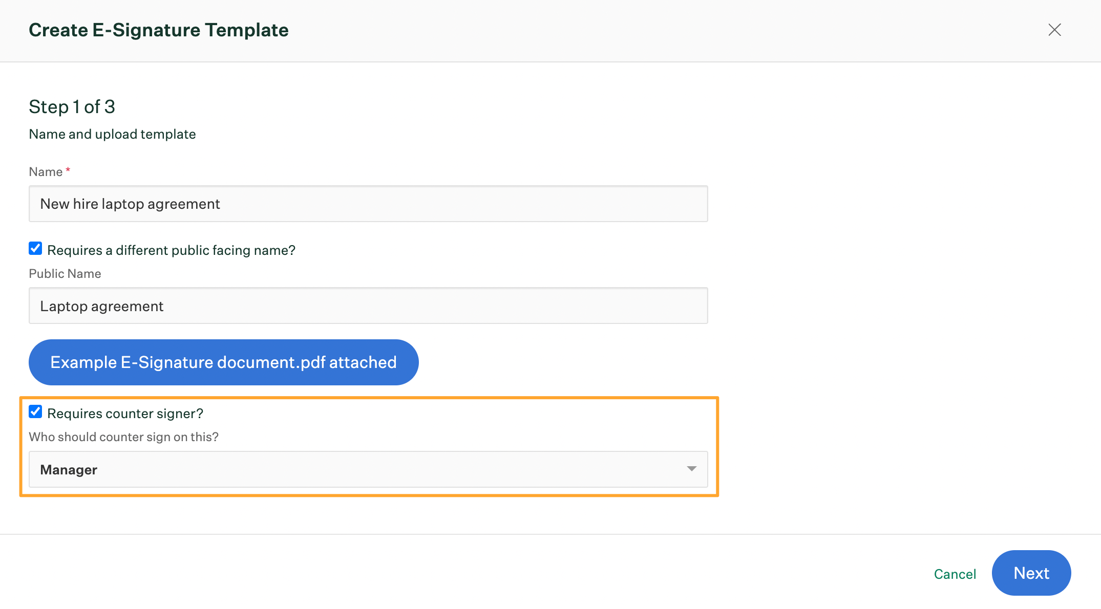 Create E-Signature template dialog box with counter signer configured and highlighted