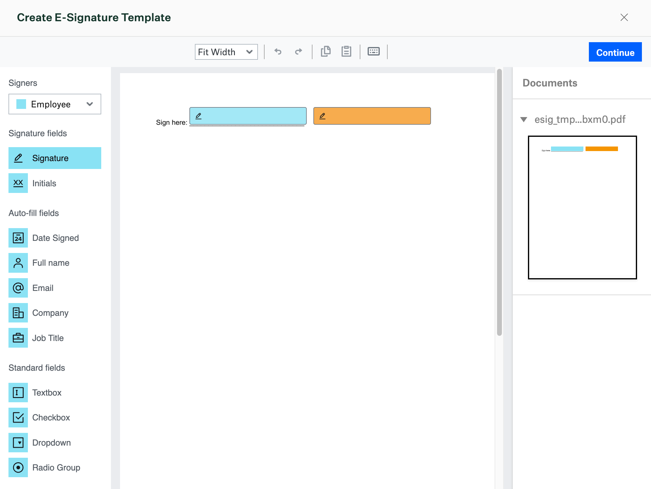 Create E-Signature template dialog box step two with signature field mapping