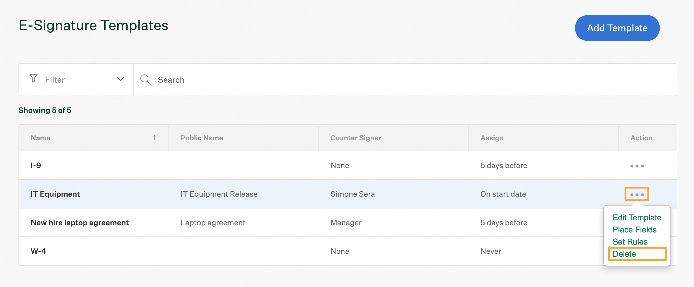 E-Signature templates page in Settings with three dot icon highlighted next to template and Delete button highlighted