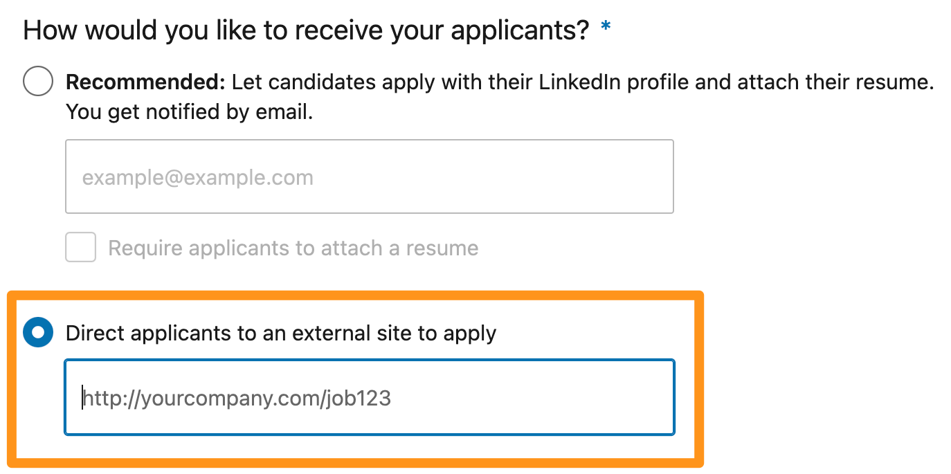When setting up paid job slots on LinkedIn the platform shows a field for Direct applicants to an external site to apply