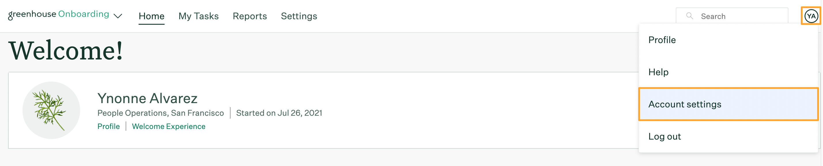 Greenhouse Onboarding homepage with user initials button highlighted and Account settings option highlighted