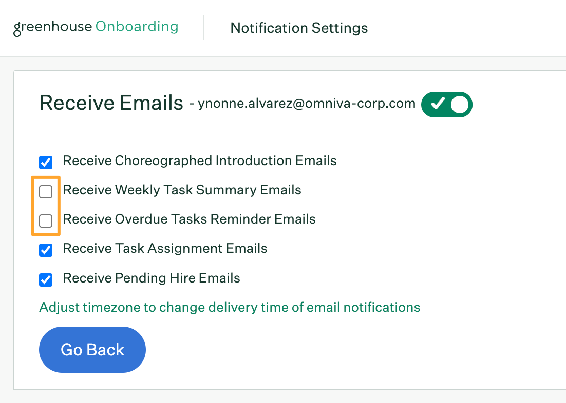 Notification account settings page with weekly task and overdue task notifications unchecked and highlighted