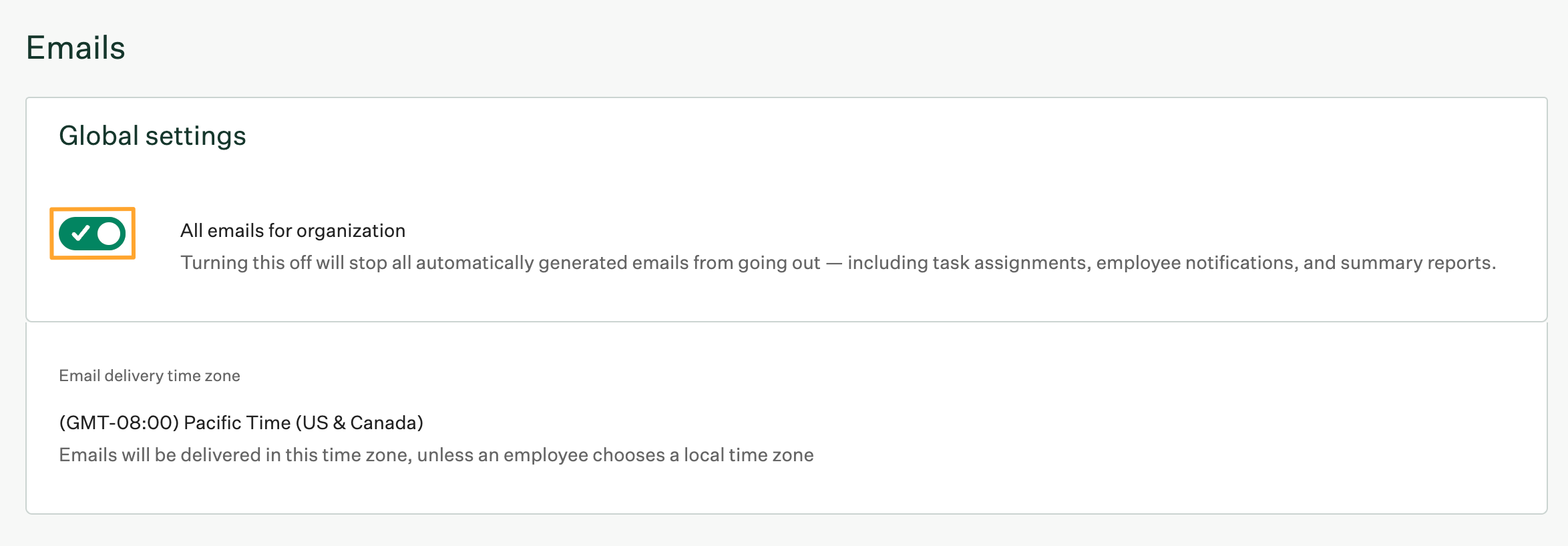 Emails page in Greenhouse Onboarding Settings with All emails for organization enabled and highlighted