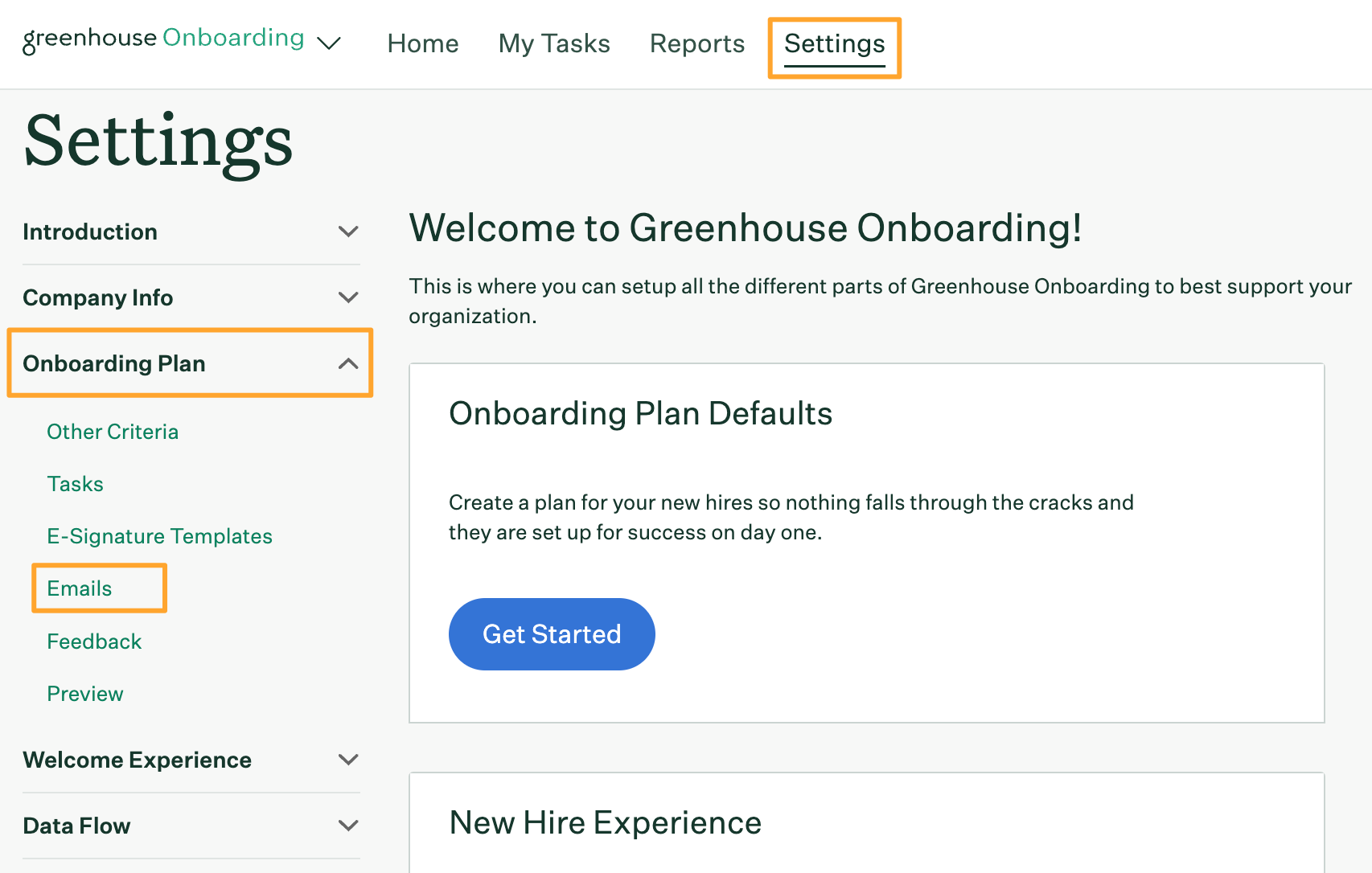 Greenhouse Onboarding Settings page with navigation to Onboarding Plan and Emails tabs highlighted