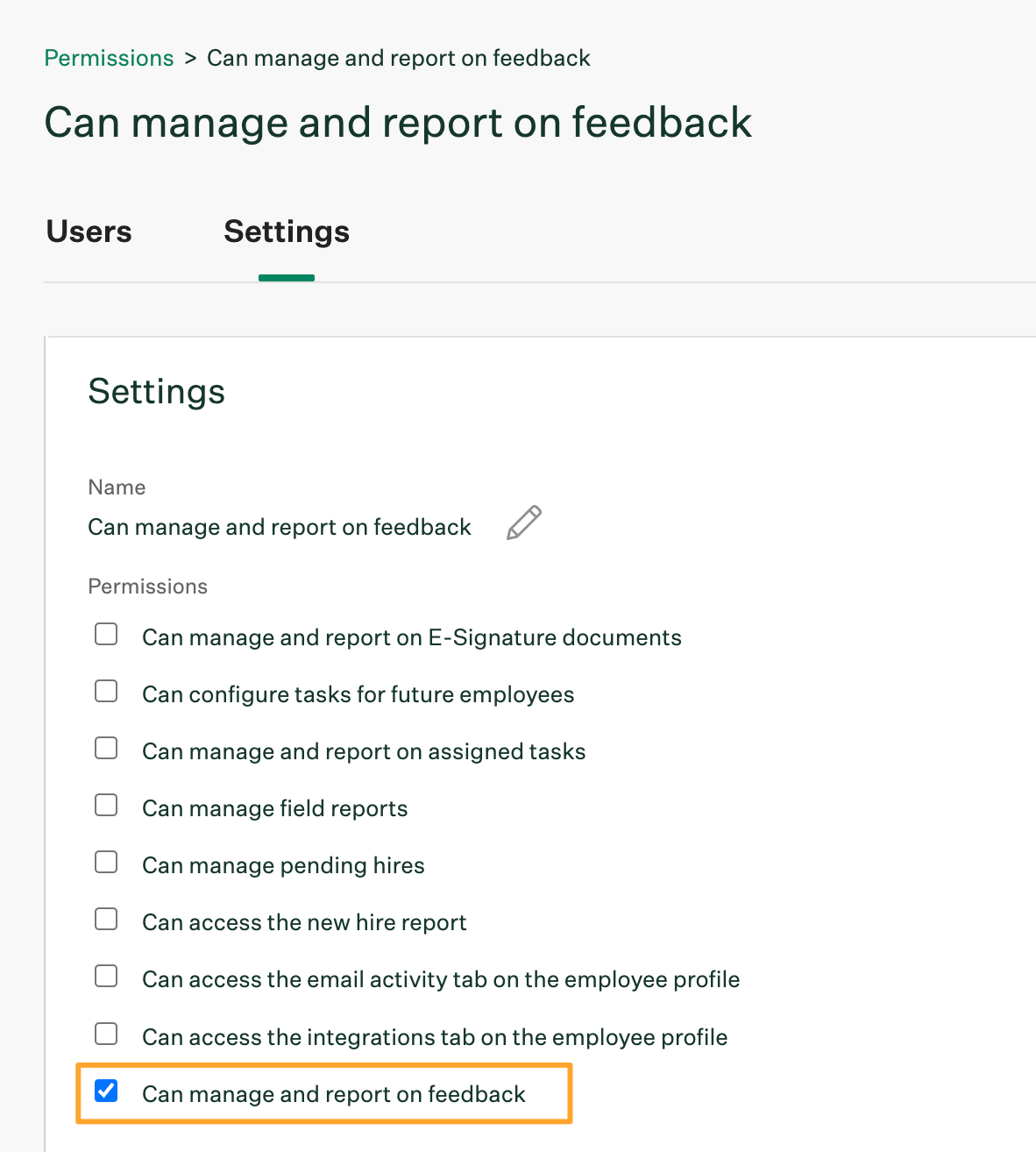 Settings tab in new custom role with Can manage and report on feedback permission enabled and highlighted