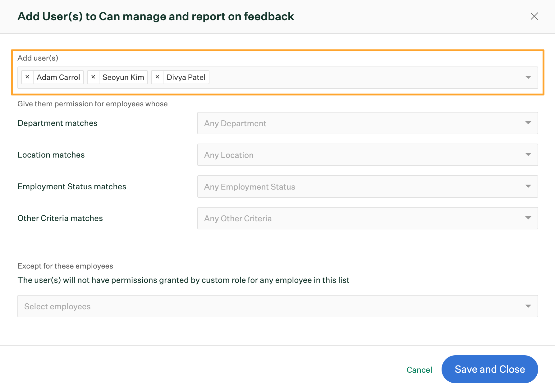 Three users added to new custom role for managing employee feedback with Add users field highlighted