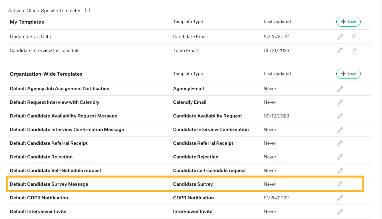 List of email templates with an orange box around the Candidate Survey template.png