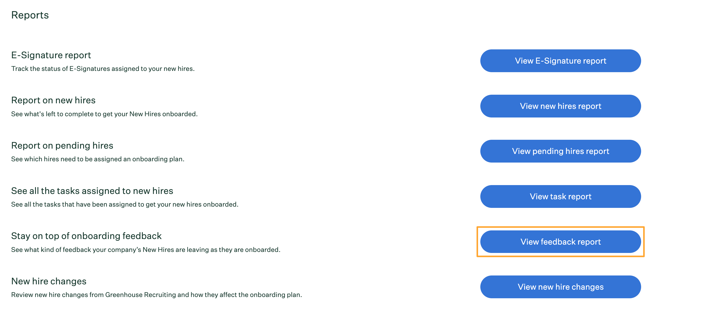 Reports page in Greenhouse Onboarding with View feedback report button highlighted