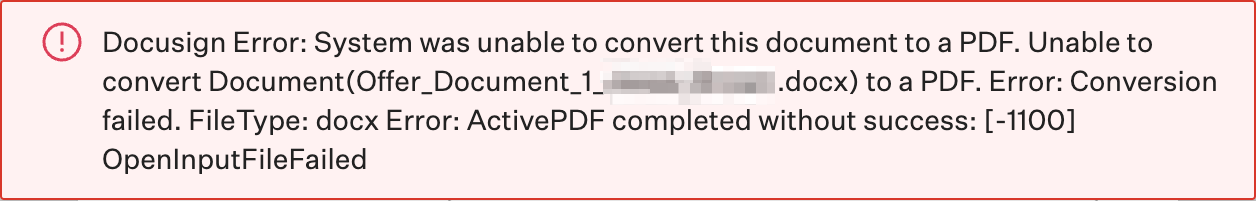The DocuSign error System was unable to convert this document to a PDF is shown on a banner in Greenhouse Recruiting