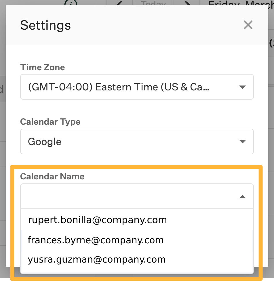 An example calendar settings page is shown with various Google calendars shown in the dropdown