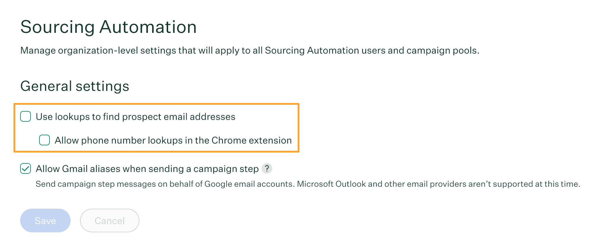 Sourcing Automation page in Configure with lookups turned off and highlighted under General settings