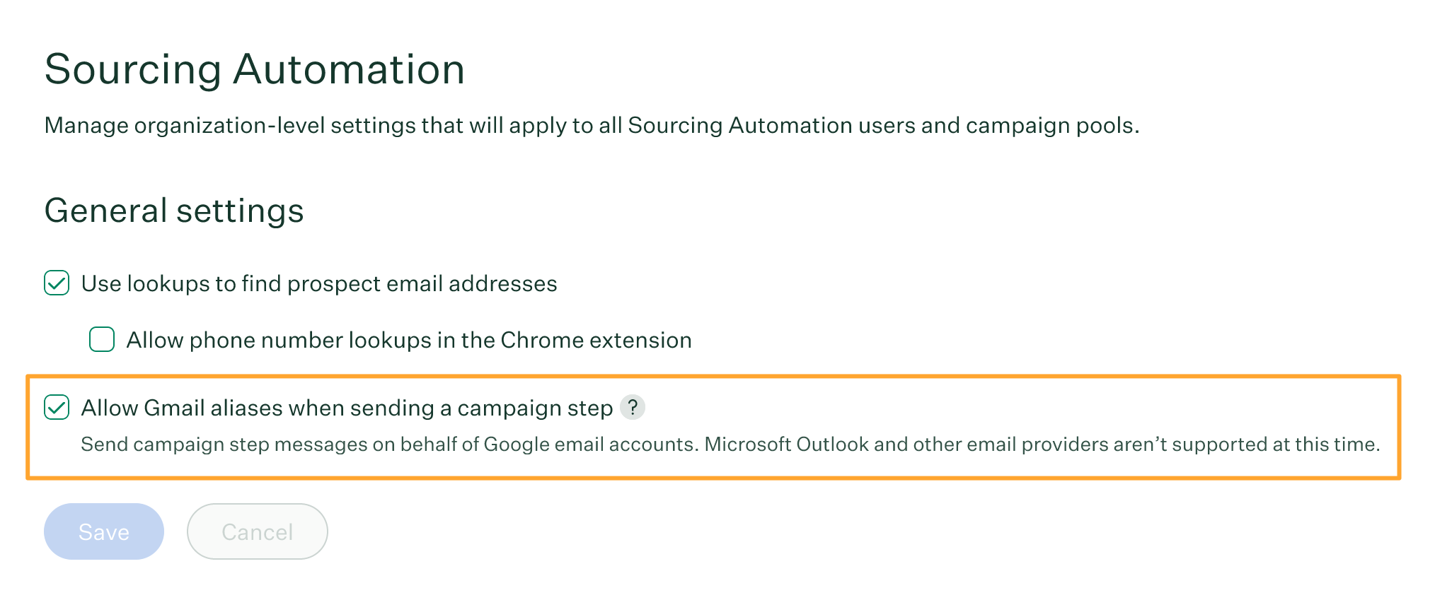 Sourcing Automation general settings in Configure with Gmail aliases permission turned on