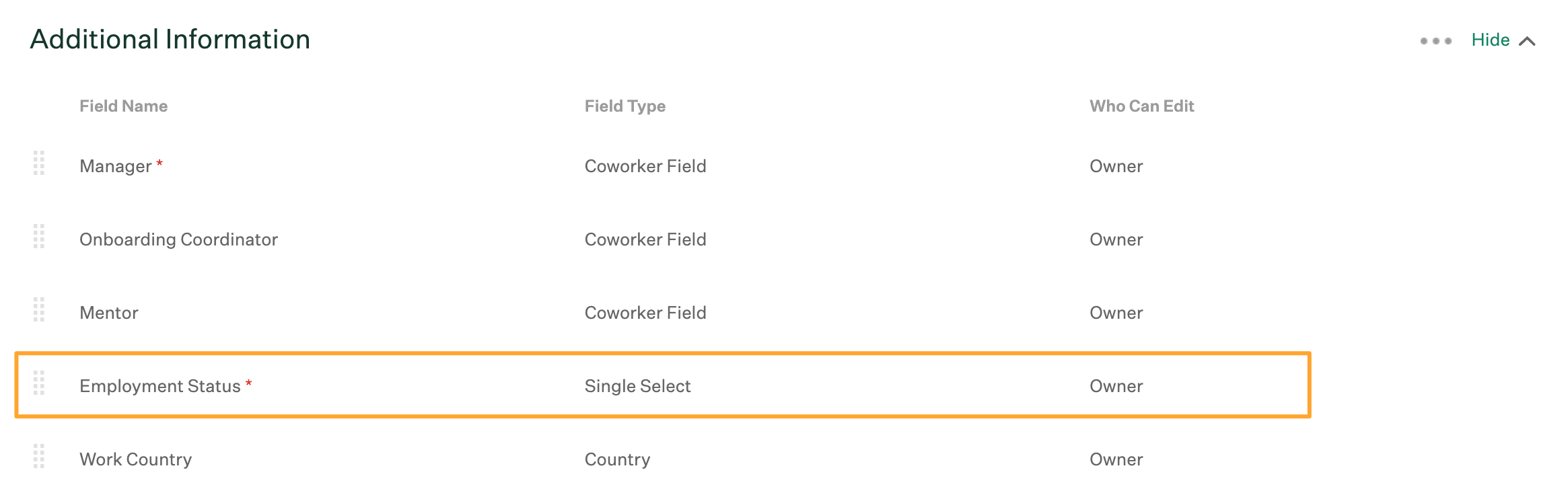Employment Status field listed under Additional Information on the Fields page in Settings