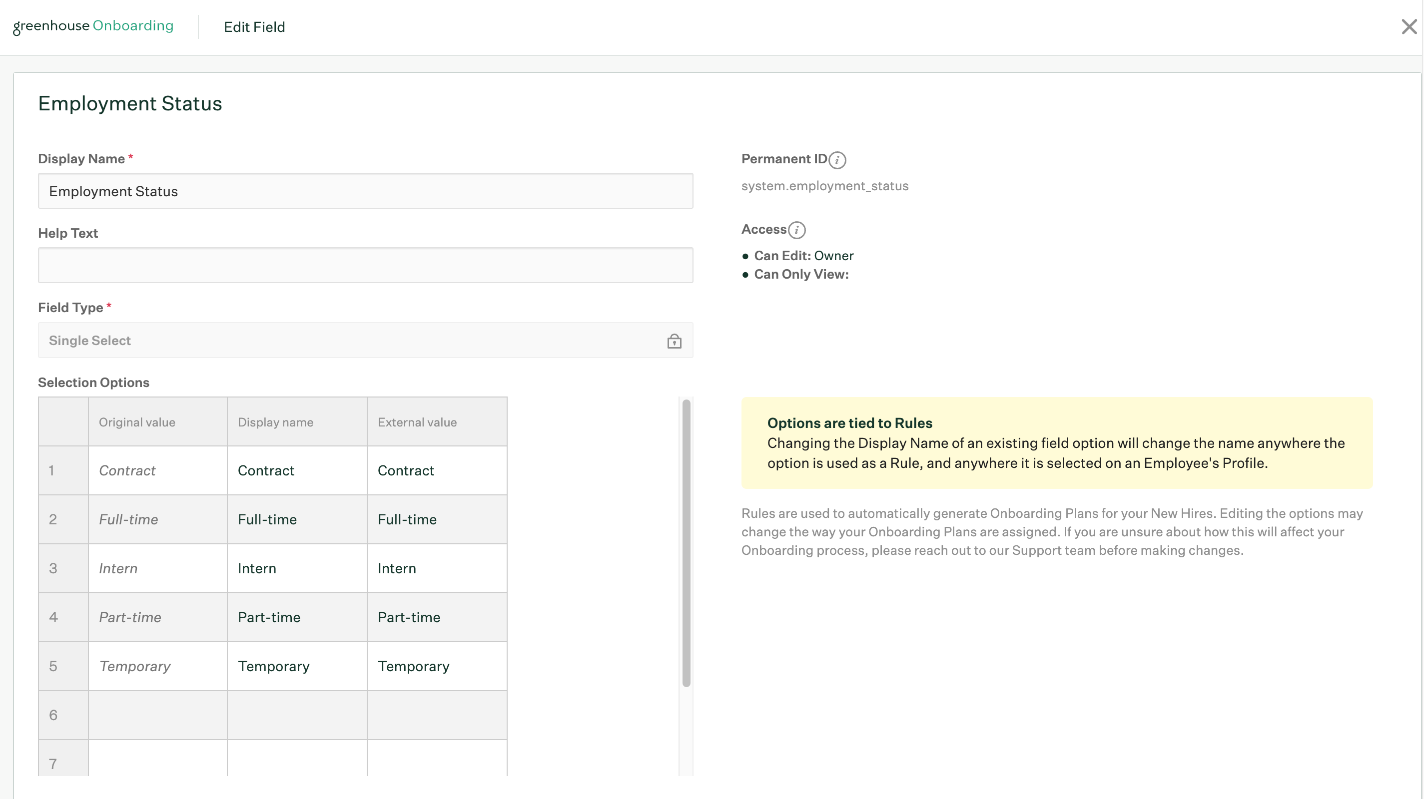 Edit Field page for editing the Employment Status field and options