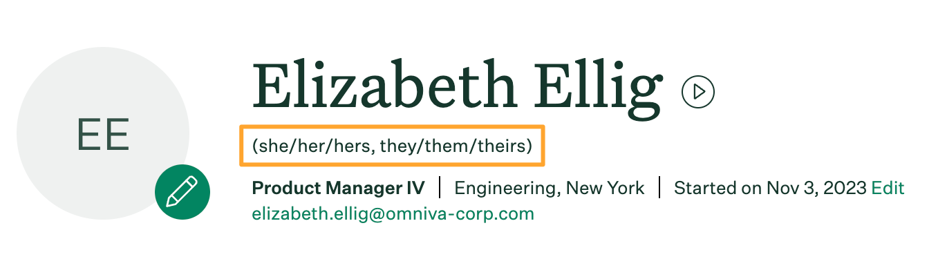 Personal pronouns highlighted on the employee profile
