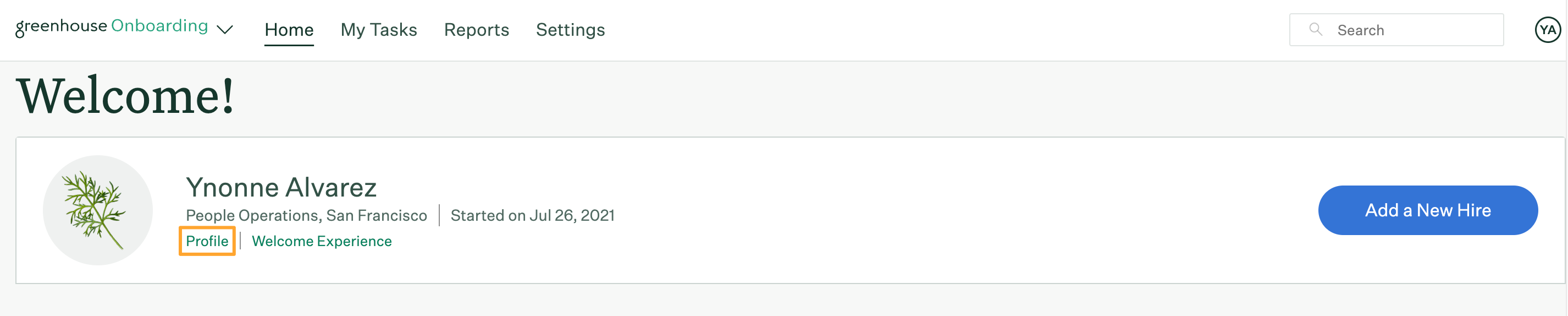 Profile button highlighted on employee homepage in Greenhouse Onboarding