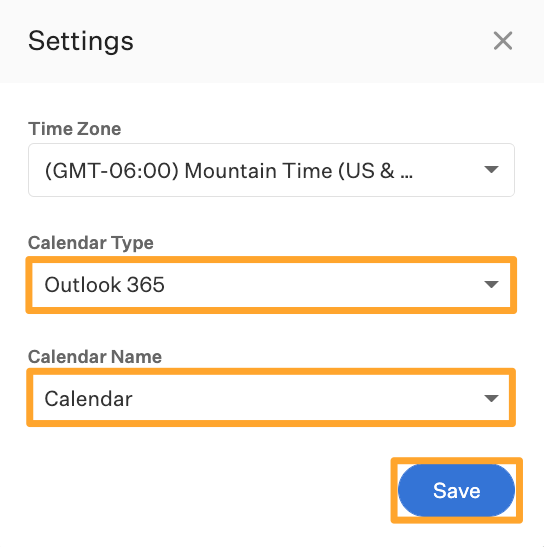 Calendar settings with Outlook 365 chosen as the default scheduling calendar