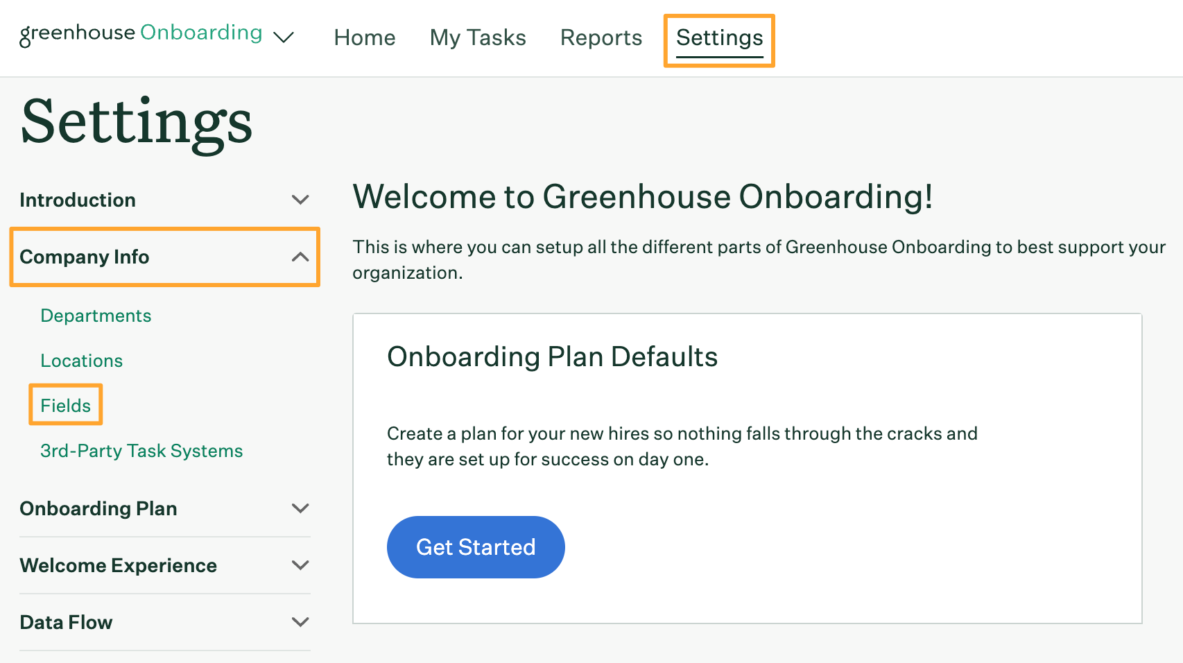 Settings page in Greenhouse Onboarding with navigation to Fields tab highlighted
