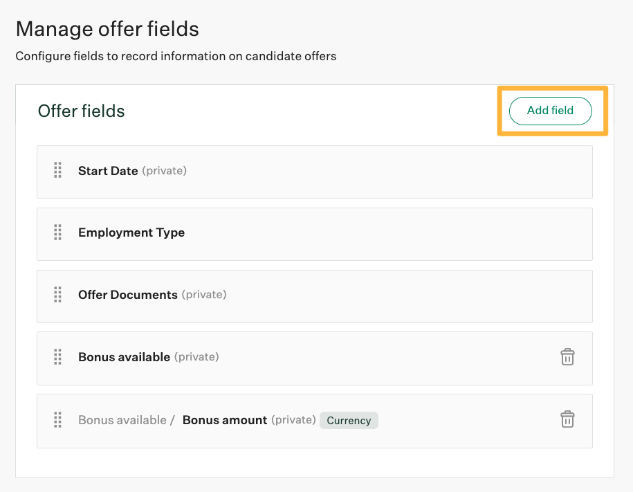 Manage offer fields with an orange box around the Add field button.png