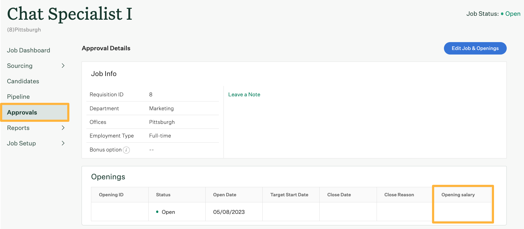 Jobs > Approvals page with an orange box around the Opening salary field.png