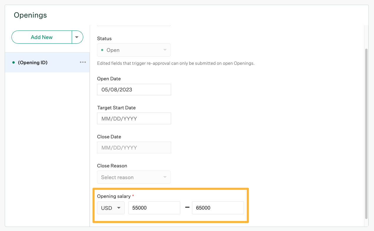 Edit Job & Openings page with an orange box around the opening salary range.png