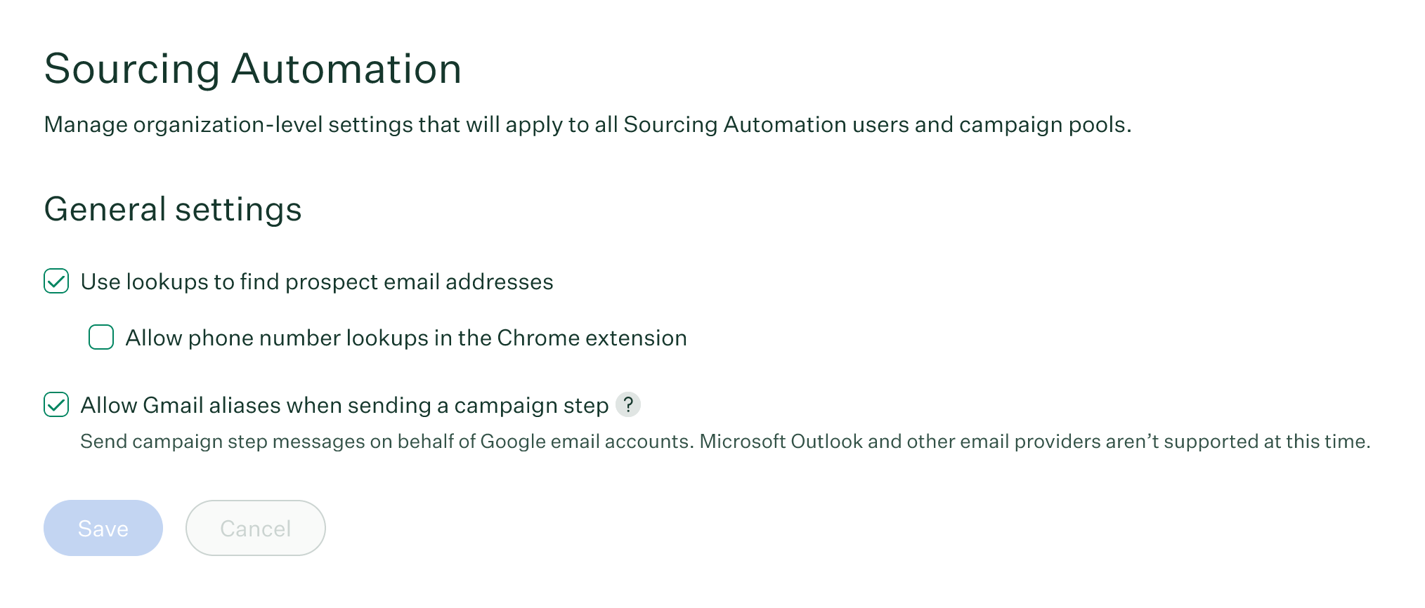 Sourcing Automation page in Configure with General settings displayed
