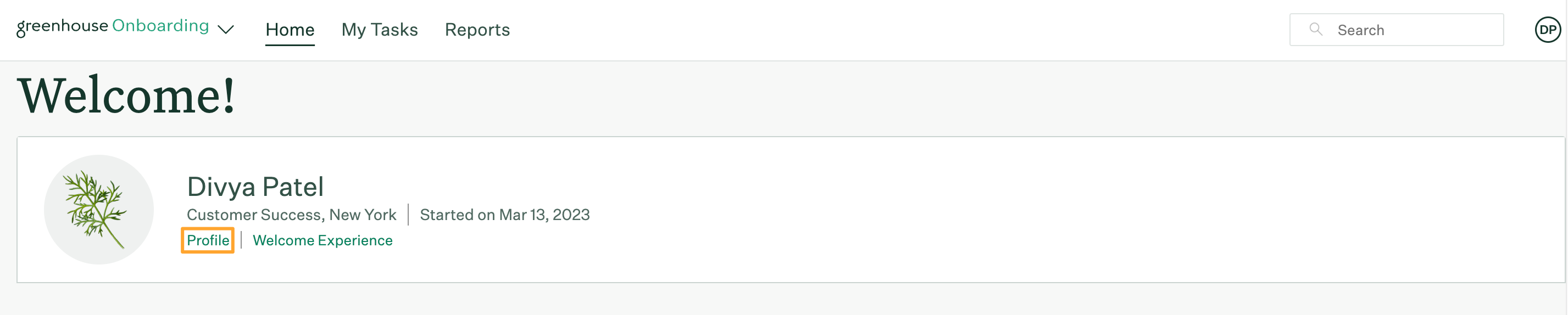 Employee view of Greenhouse Onboarding homepage with Profile button highlighted under employee name